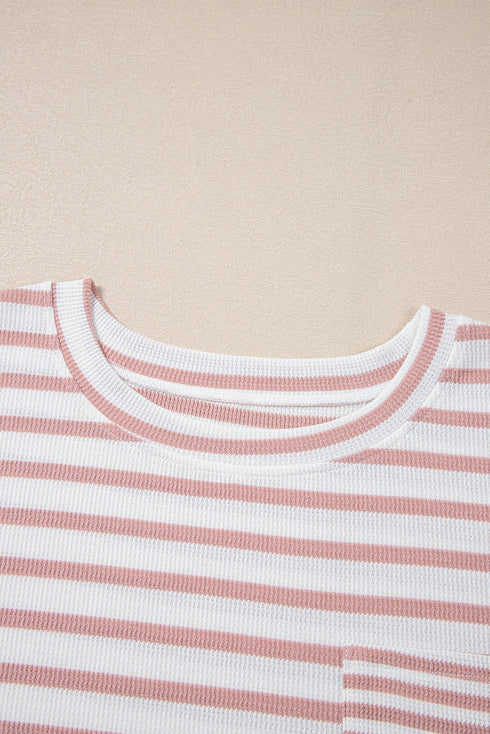 Pink Stripe Waffle Knit Pocketed Half Sleeve Plus Size T Shirt